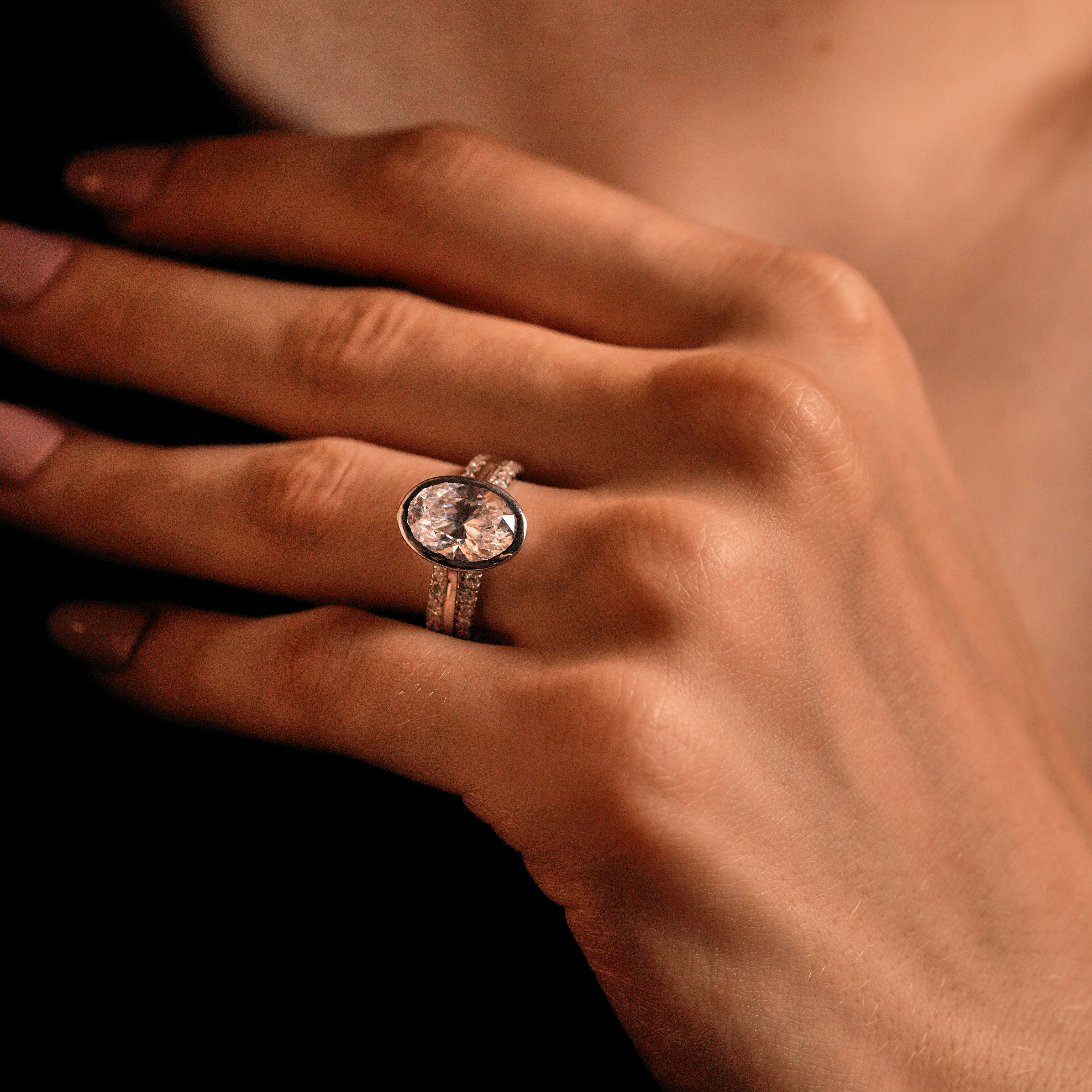 4ct Oval Diamond Engagement Ring | Bezel Setting with Side Stones - Chicory Jewel