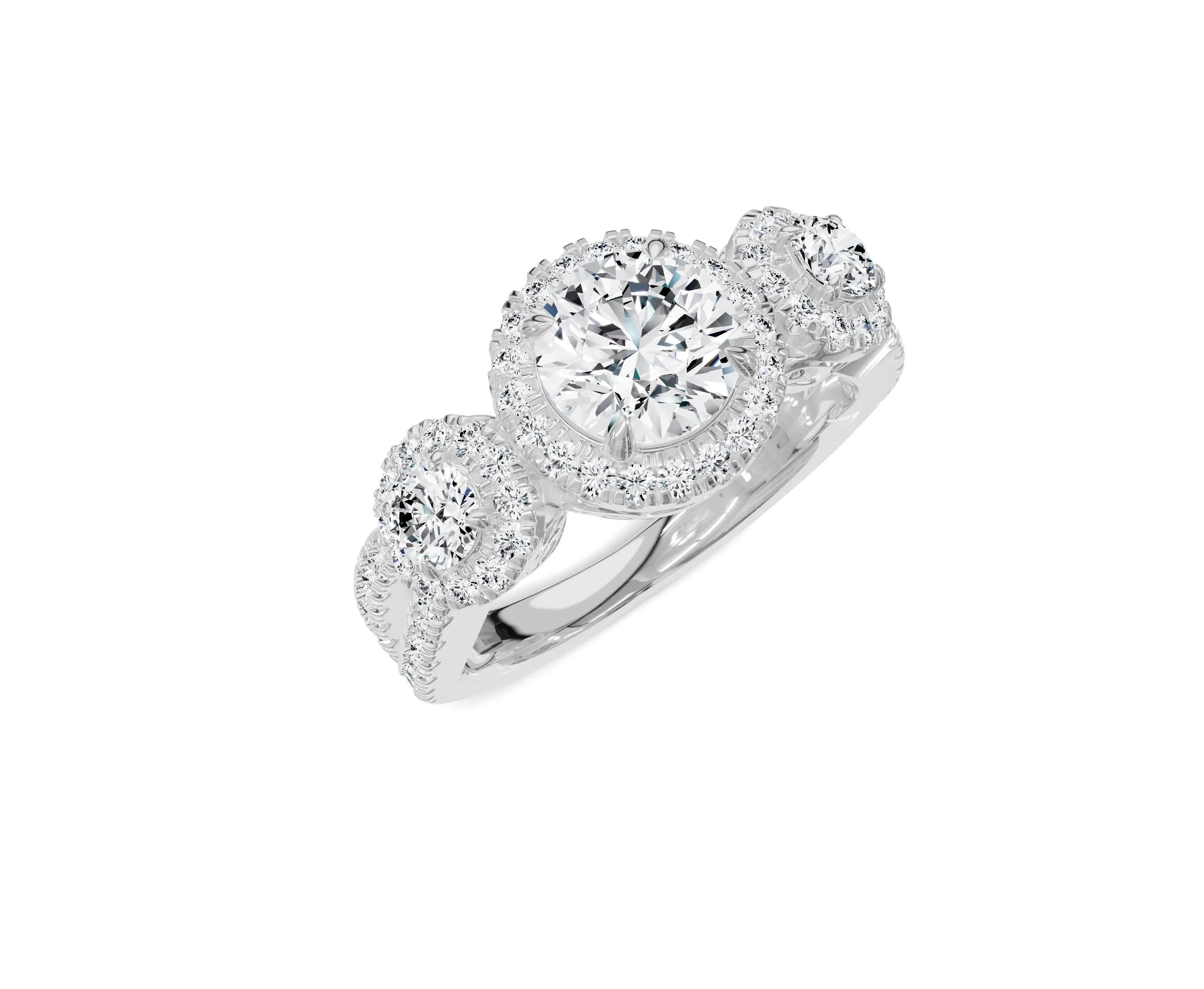Halo Three Stone Engagement Ring with Round Brilliant Diamonds