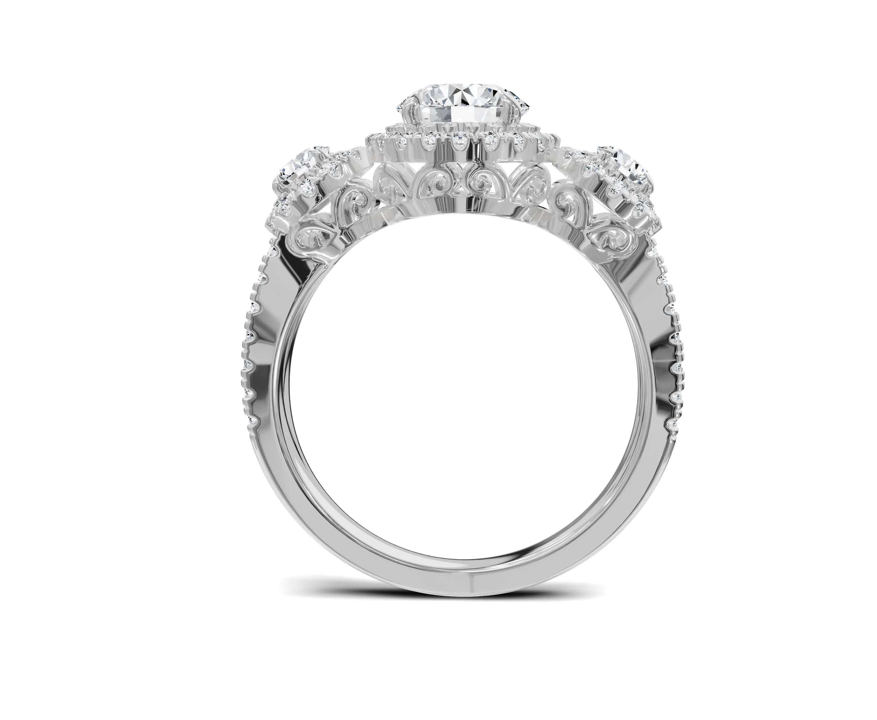 Halo Three Stone Engagement Ring with Round Brilliant Diamonds