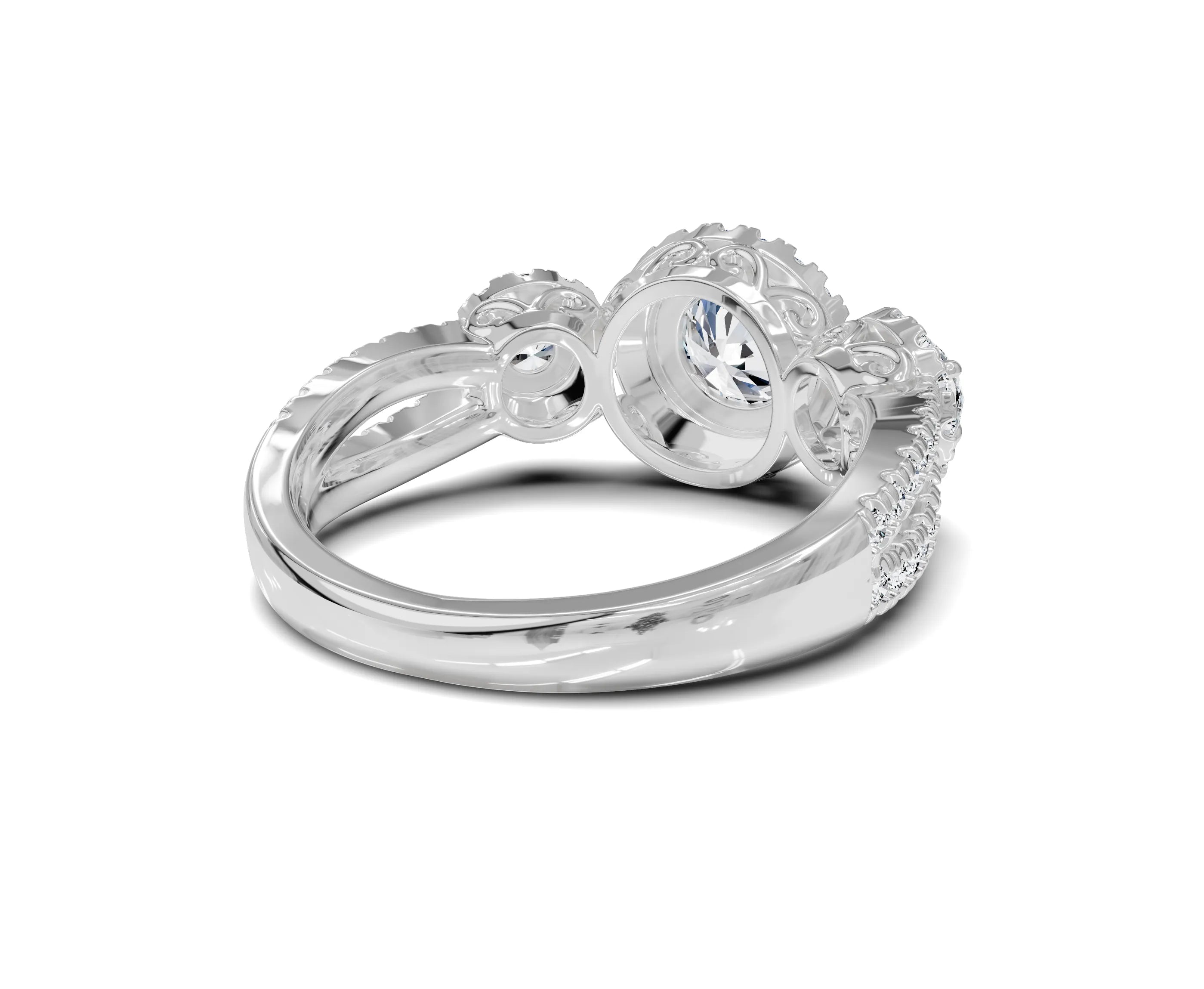 Halo Three Stone Engagement Ring with Round Brilliant Diamonds