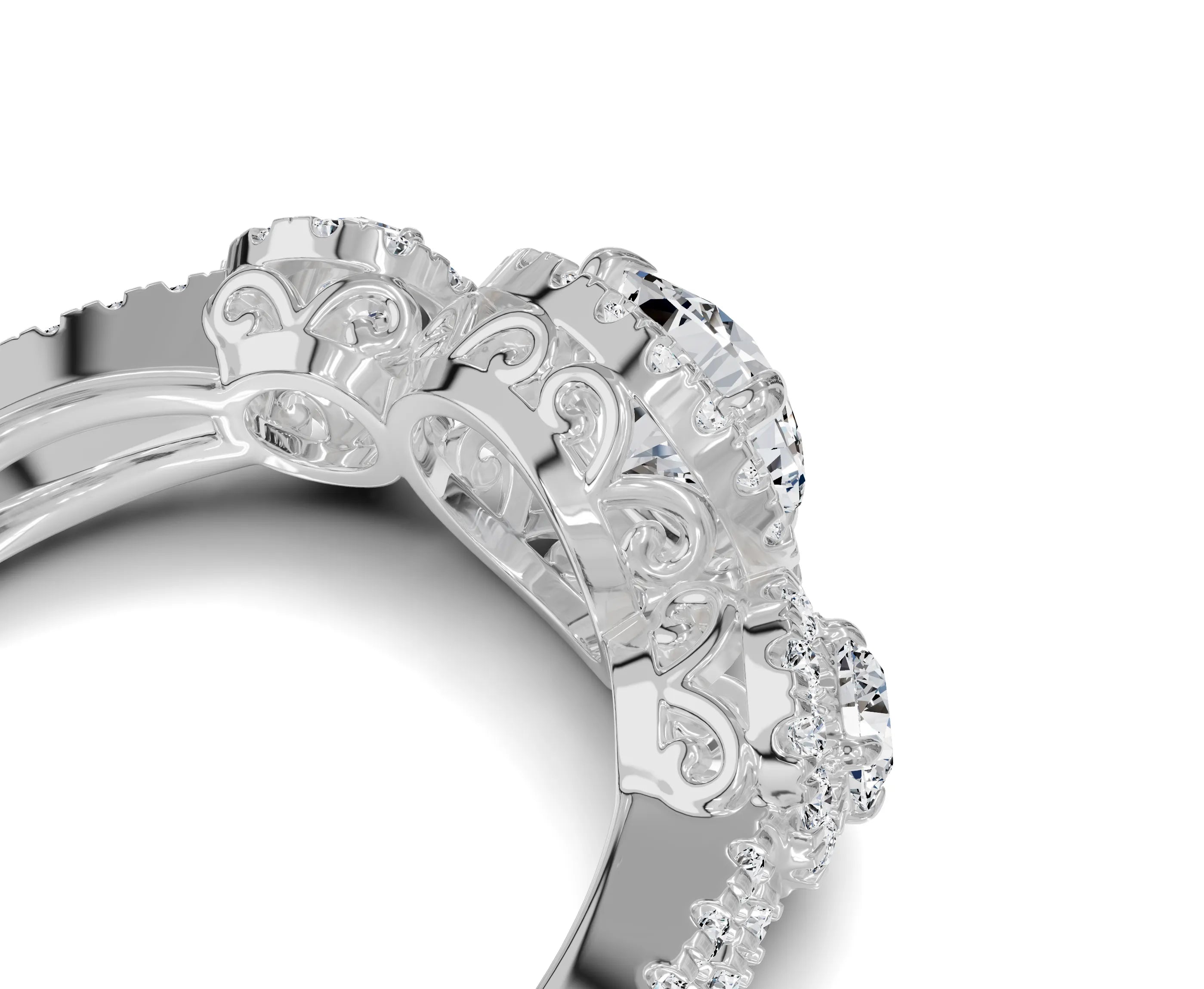 Halo Three Stone Engagement Ring with Round Brilliant Diamonds