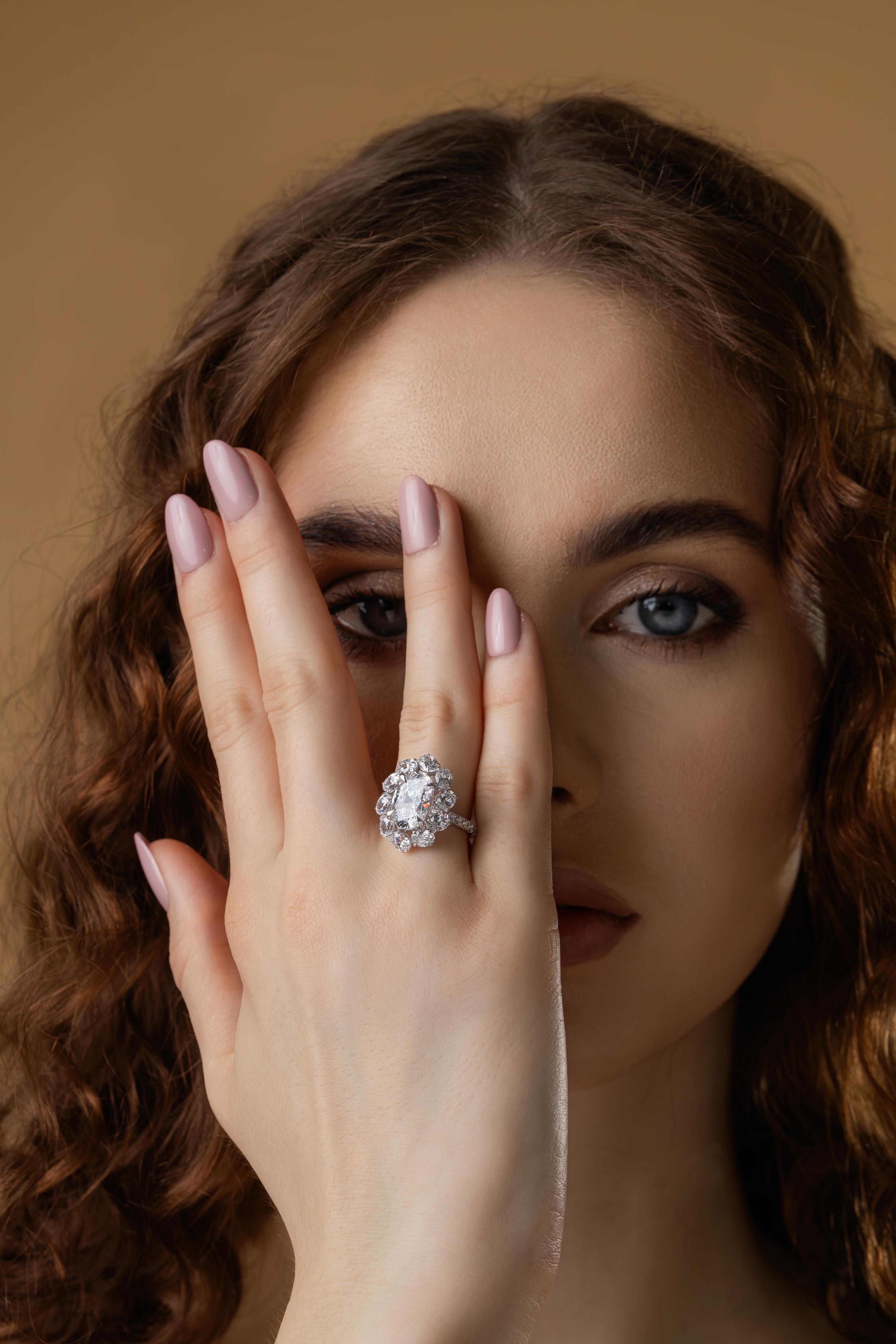 Art Deco|Halo Colorless Lab Grown Diamond Engagement Ring|Oval Cut