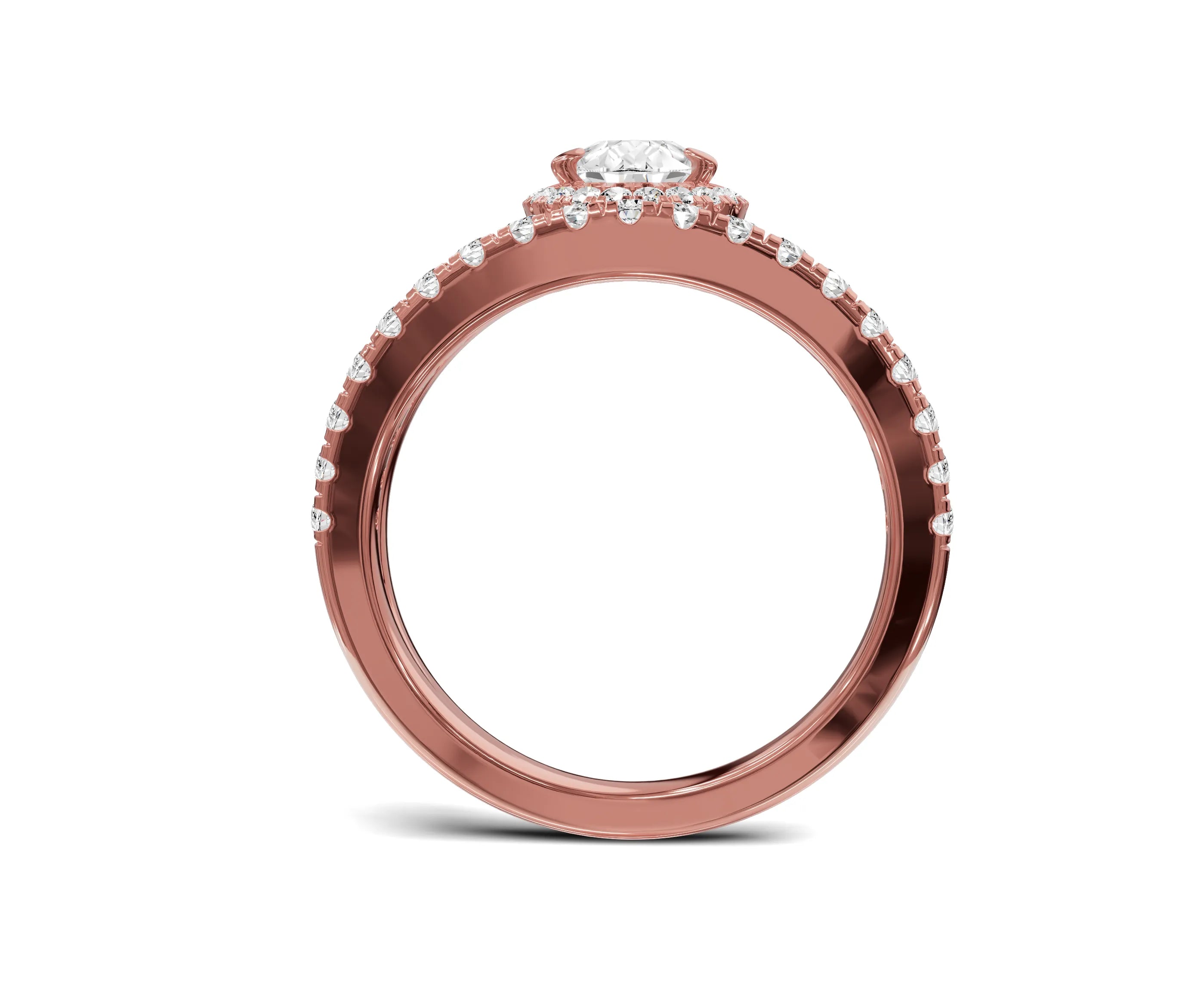 Pear-shaped diamond halo engagement ring with side stones in 14k white gold, featuring a chic and elegant design.