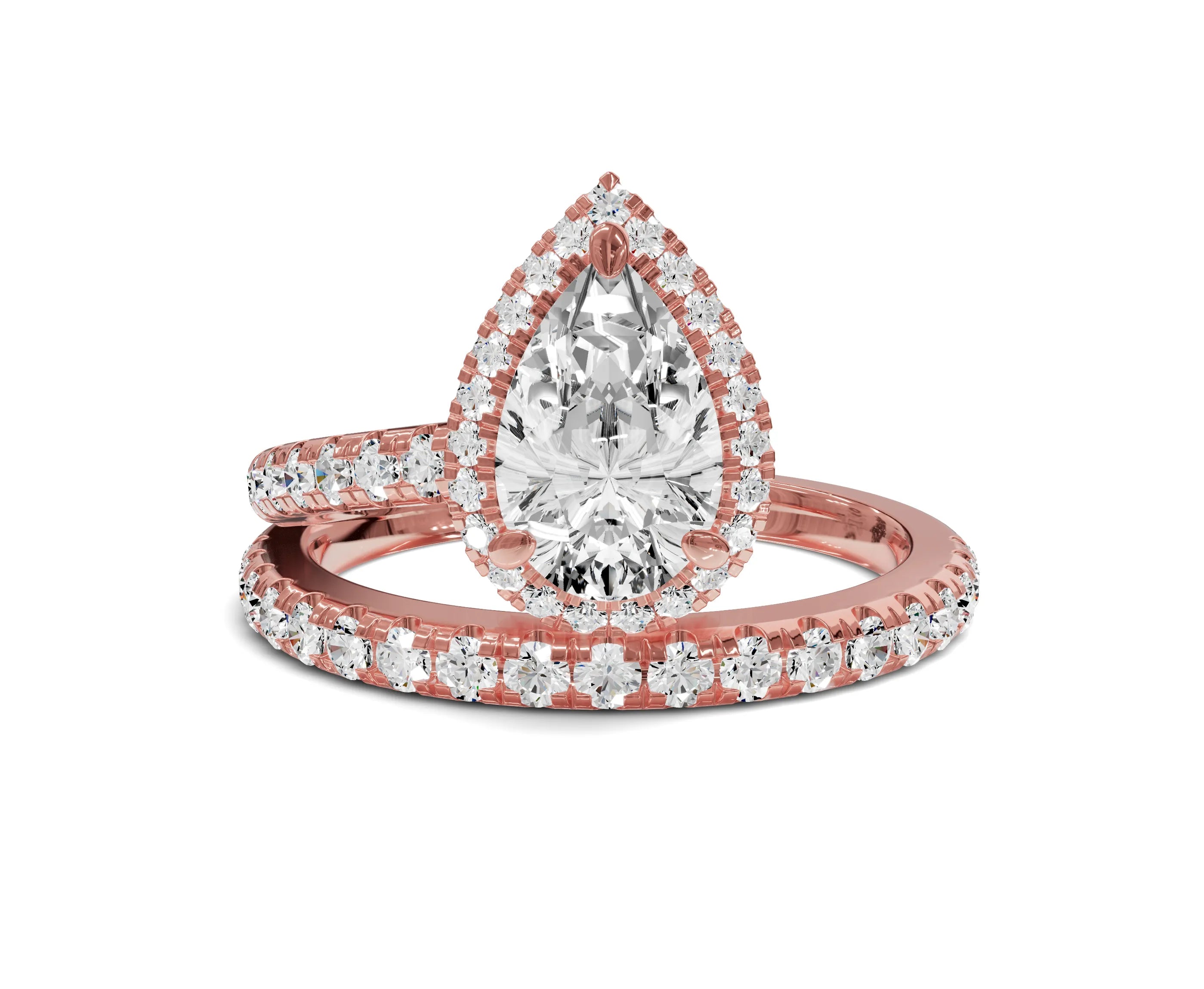 Pear Shaped Diamond Halo Engagement Ring with Side Stones - Chicory Jewel