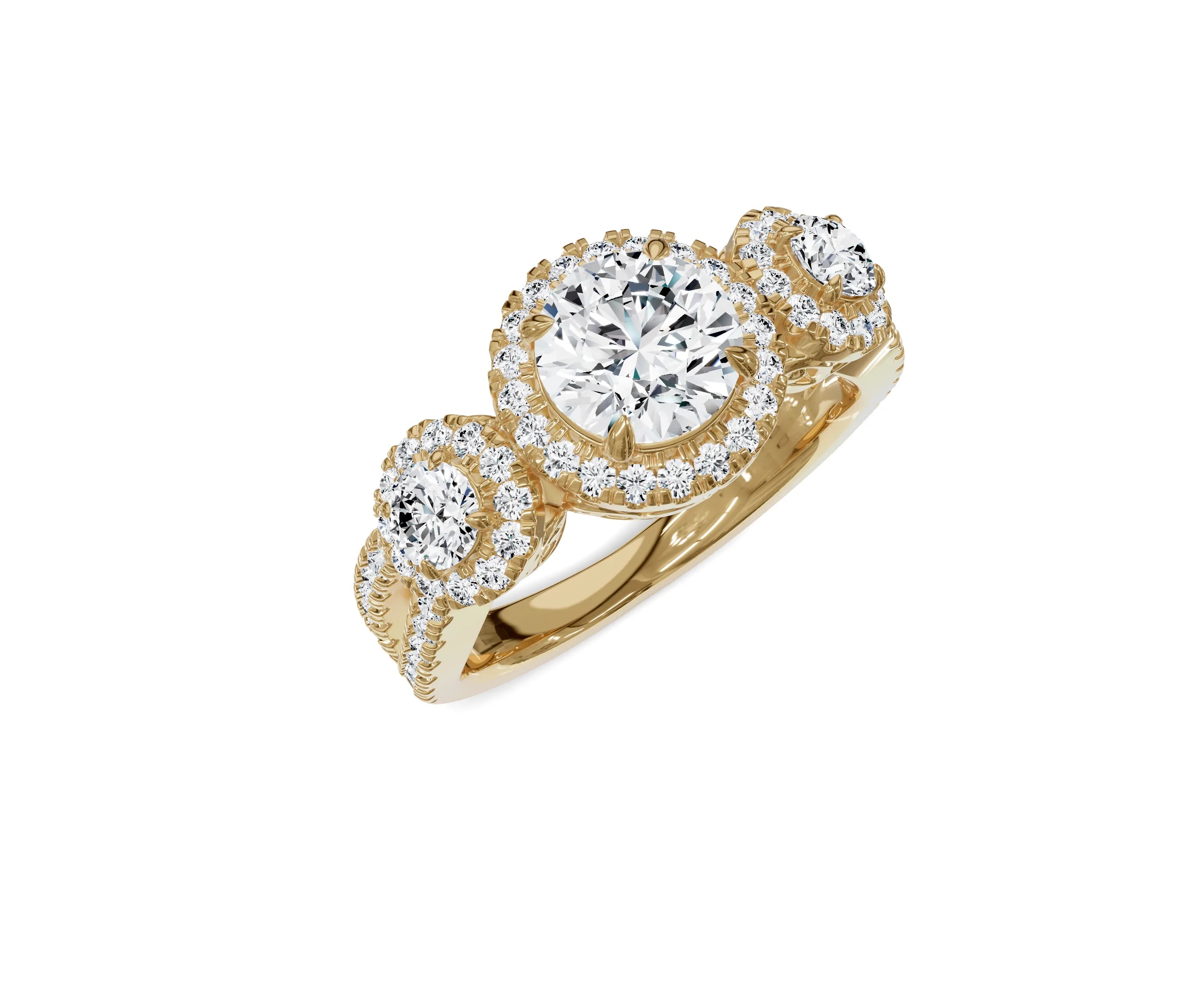 Halo Three Stone Engagement Ring with Round Brilliant Diamonds - Chicory Jewel