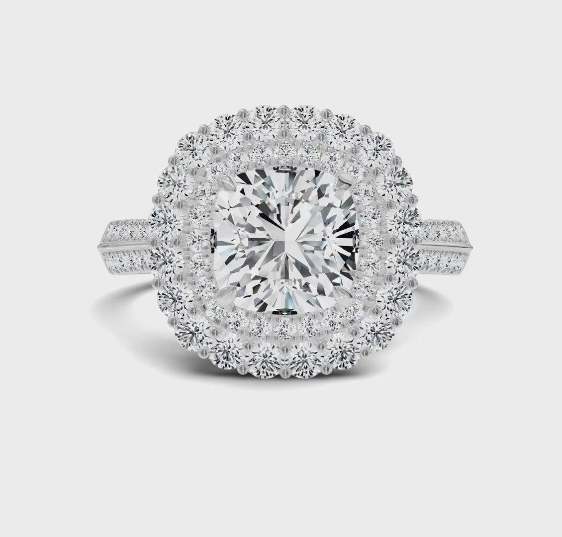 Timeless Cushion Cut 3ct Engagement Ring | Halo with Side Stones