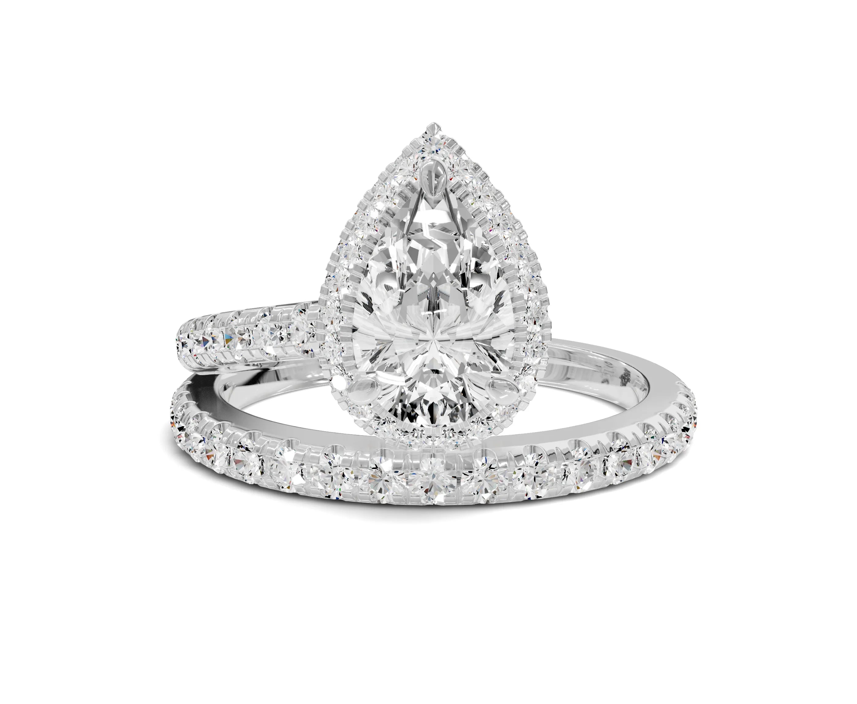 Pear Shaped Diamond Halo Engagement Ring with Side Stones