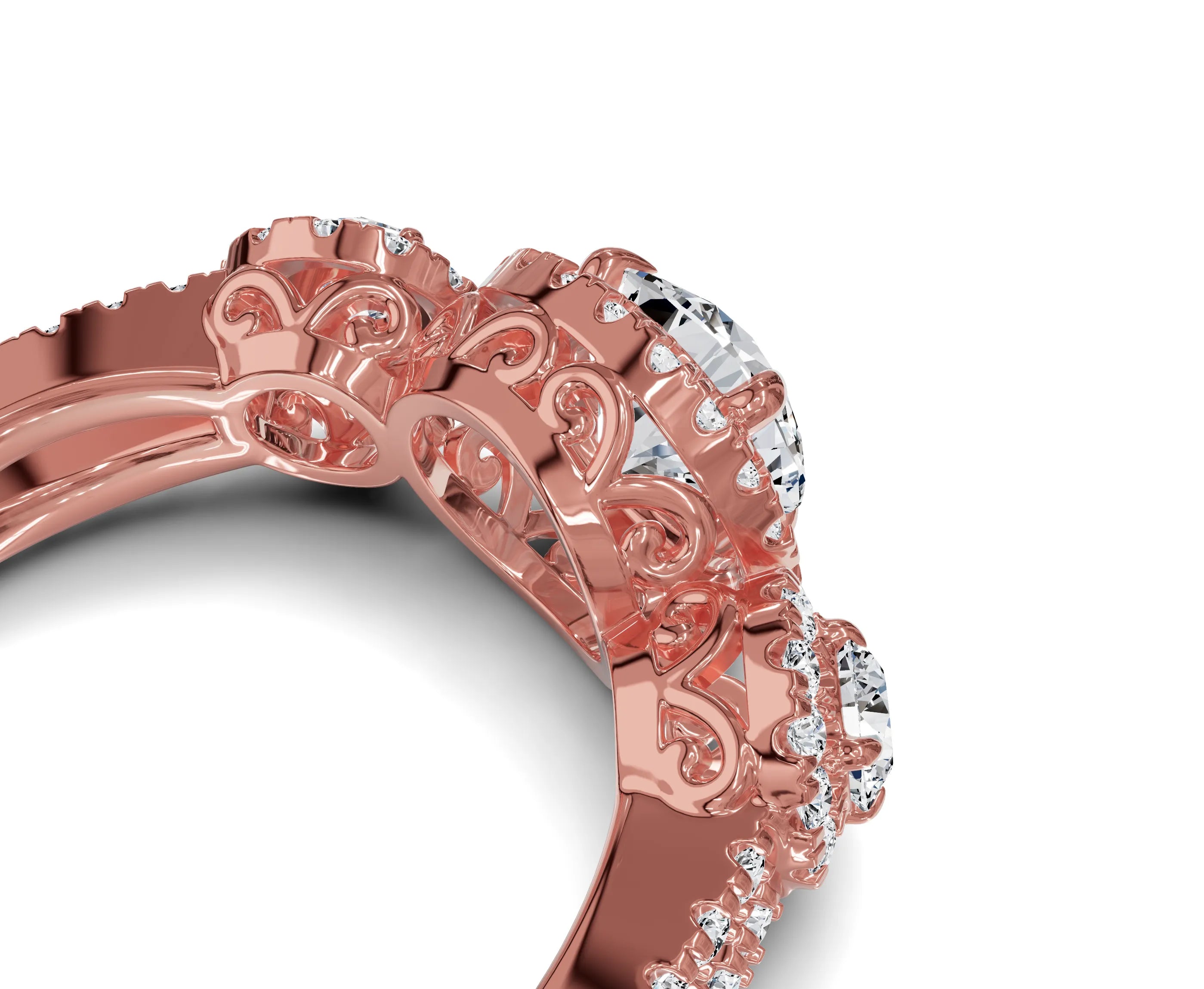 Halo Three Stone Engagement Ring with Round Brilliant Diamonds