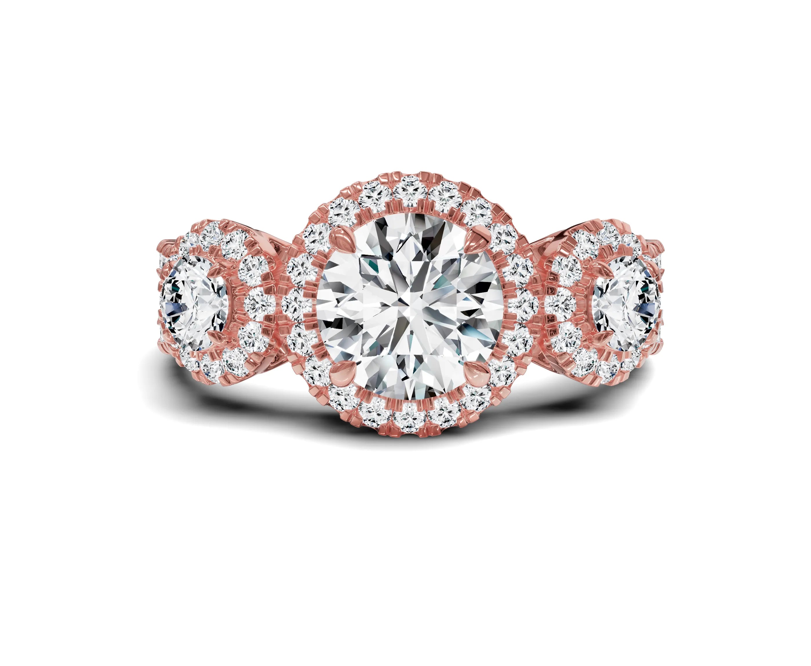 Halo Three Stone Engagement Ring with Round Brilliant Diamonds