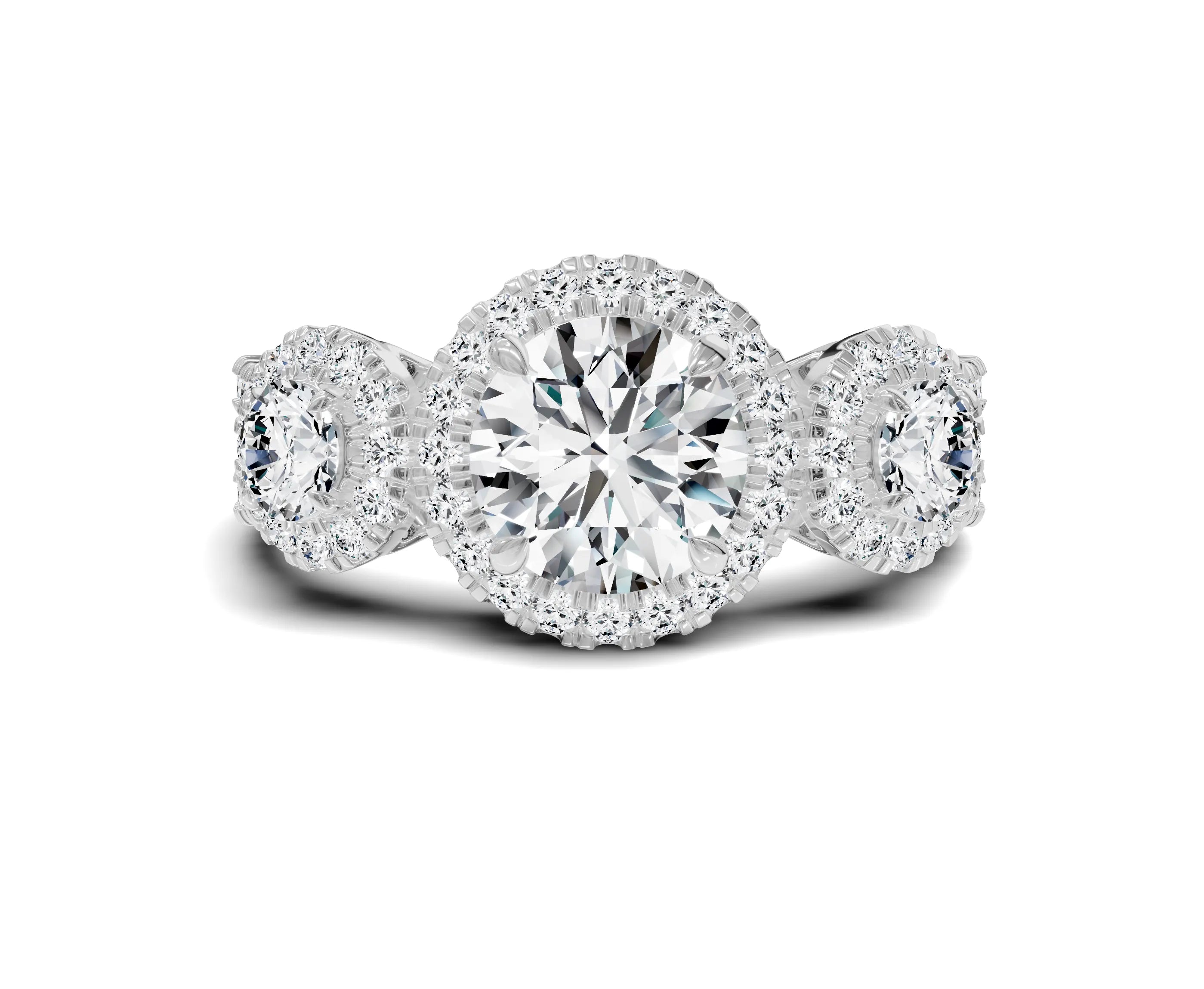 Halo Three Stone Engagement Ring with Round Brilliant Diamonds