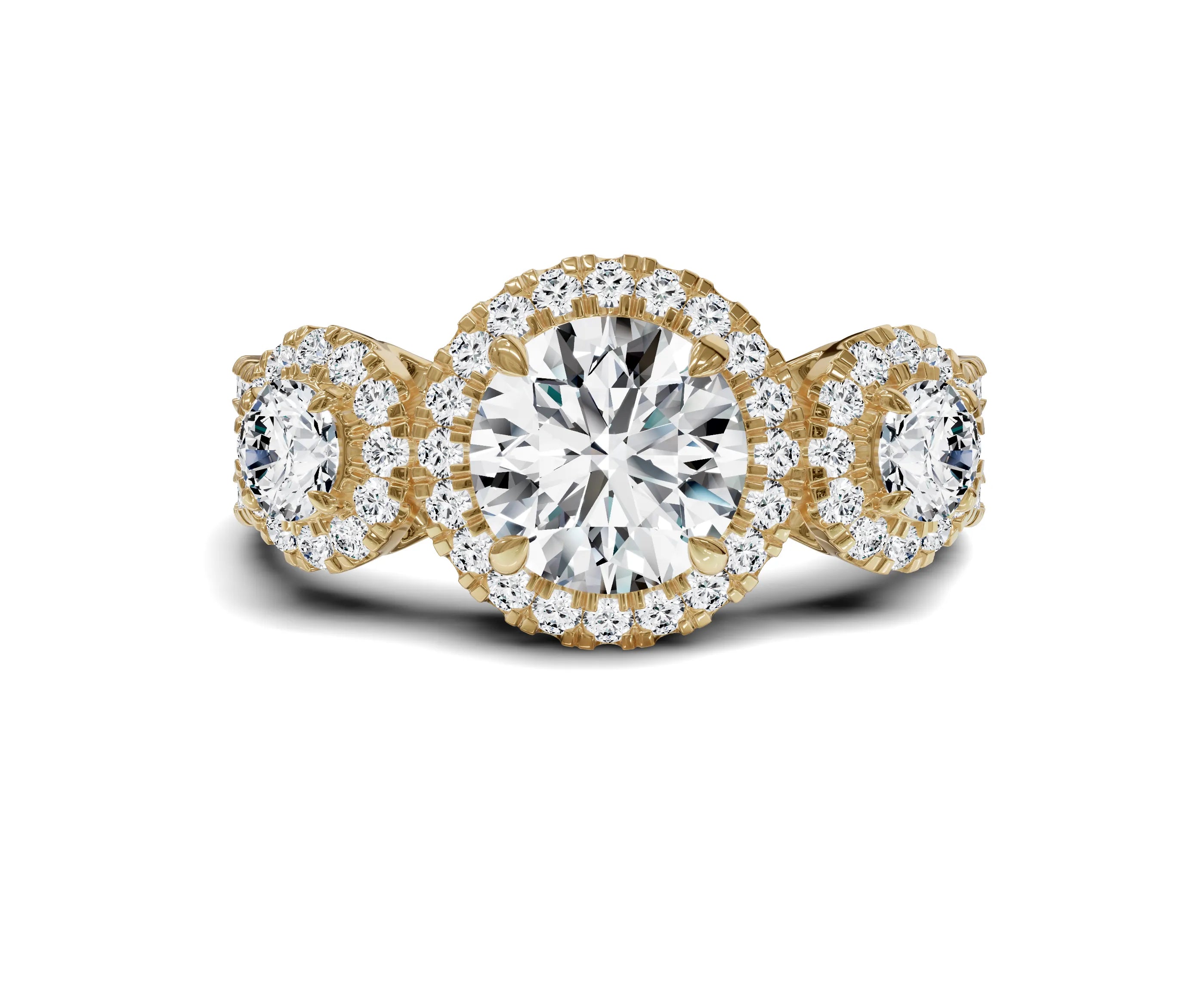 Halo Three Stone Engagement Ring with Round Brilliant Diamonds