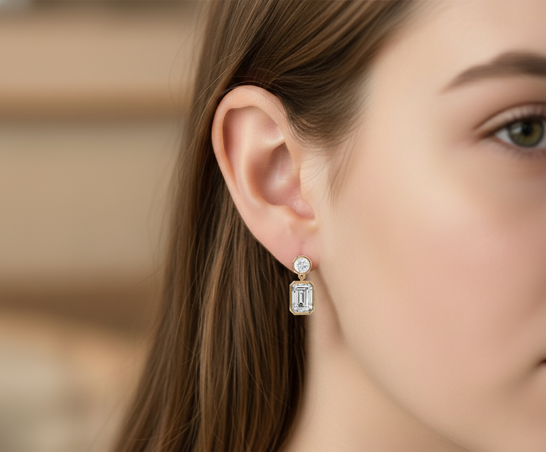 Emerald Elegance Gold Diamond Danglers earrings with lab-grown diamonds in 14k white gold, featuring intricate design and sparkling stones.