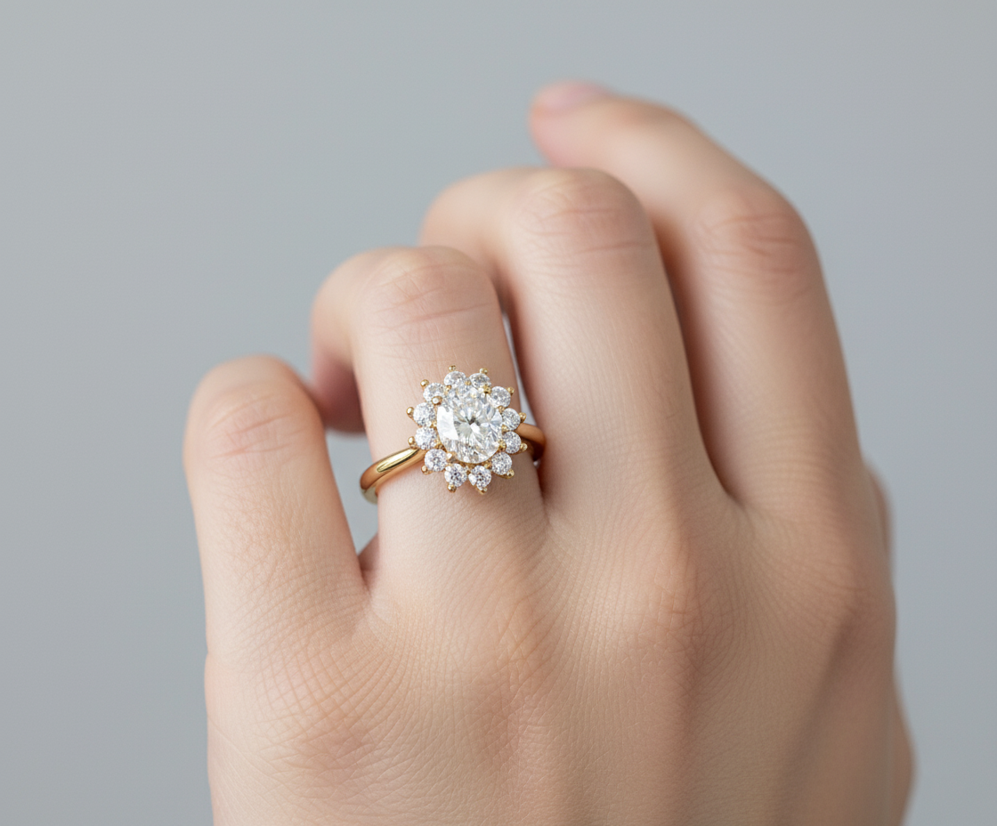 Exquisite halo oval diamond engagement ring in 14k white gold with 1.00 carat center stone, featuring intricate detailing.