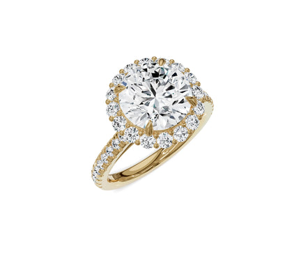 Gold ring with a large diamond and smaller diamonds on a white background