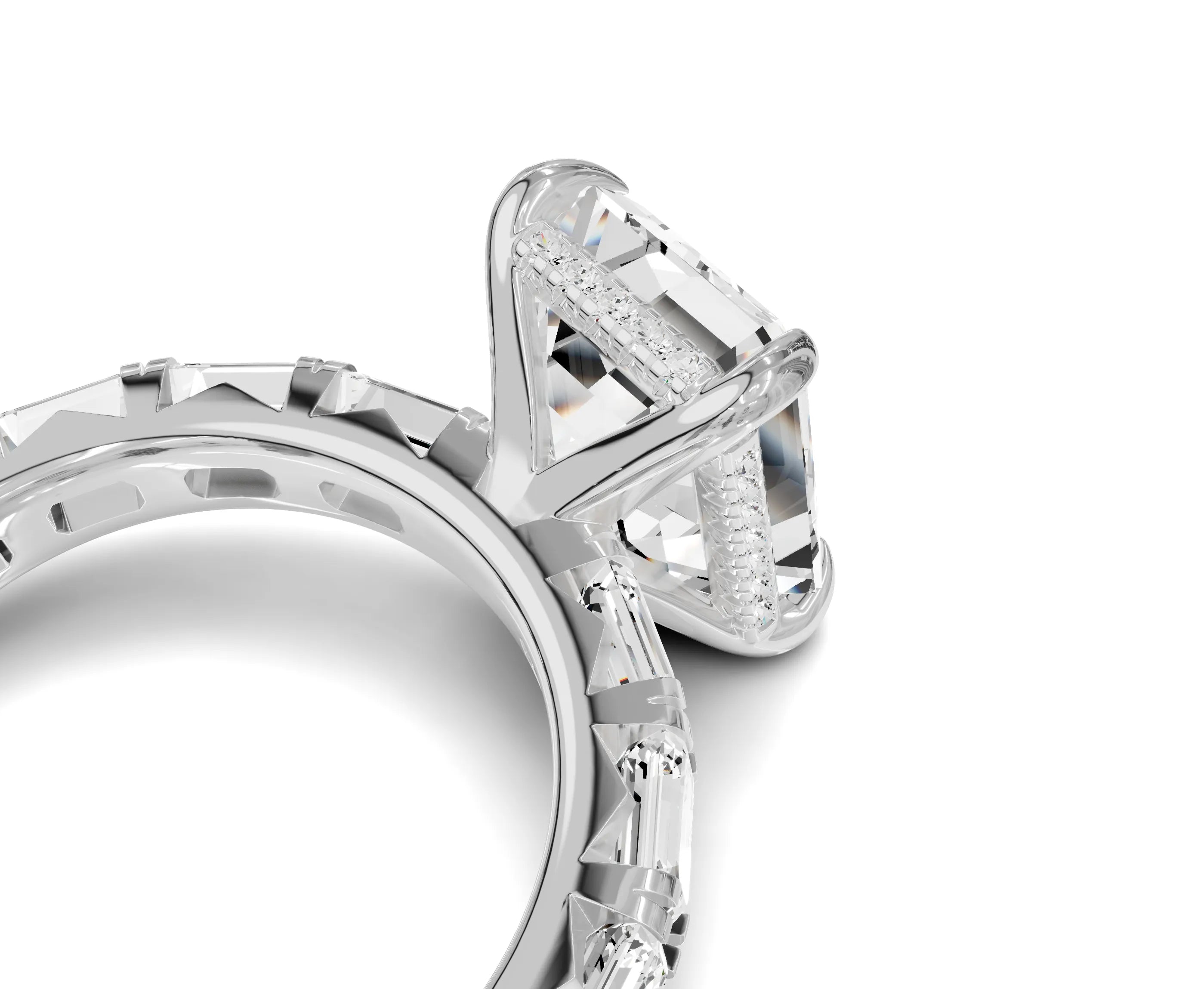 Brilliant Emerald Engagement Ring | Side stone & halo