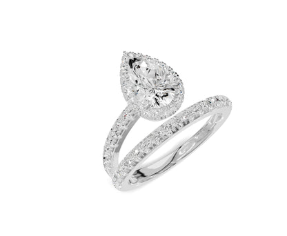 Pear Shaped Diamond Halo Engagement Ring with Side Stones - Chicory Jewel