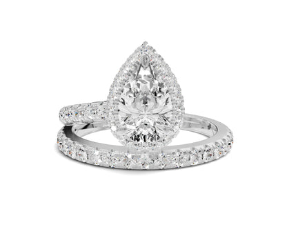 Pear Shaped Diamond Halo Engagement Ring with Side Stones - Chicory Jewel