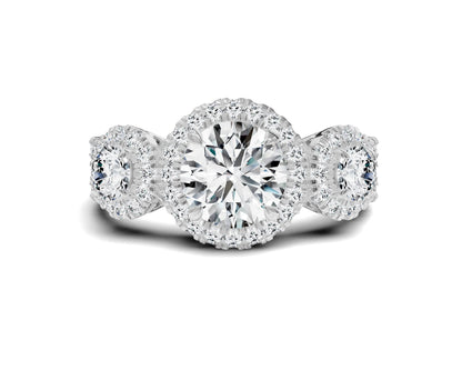 Halo Three Stone Engagement Ring with Round Brilliant Diamonds - Chicory Jewel