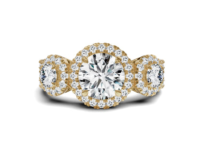 Halo Three Stone Engagement Ring with Round Brilliant Diamonds - Chicory Jewel