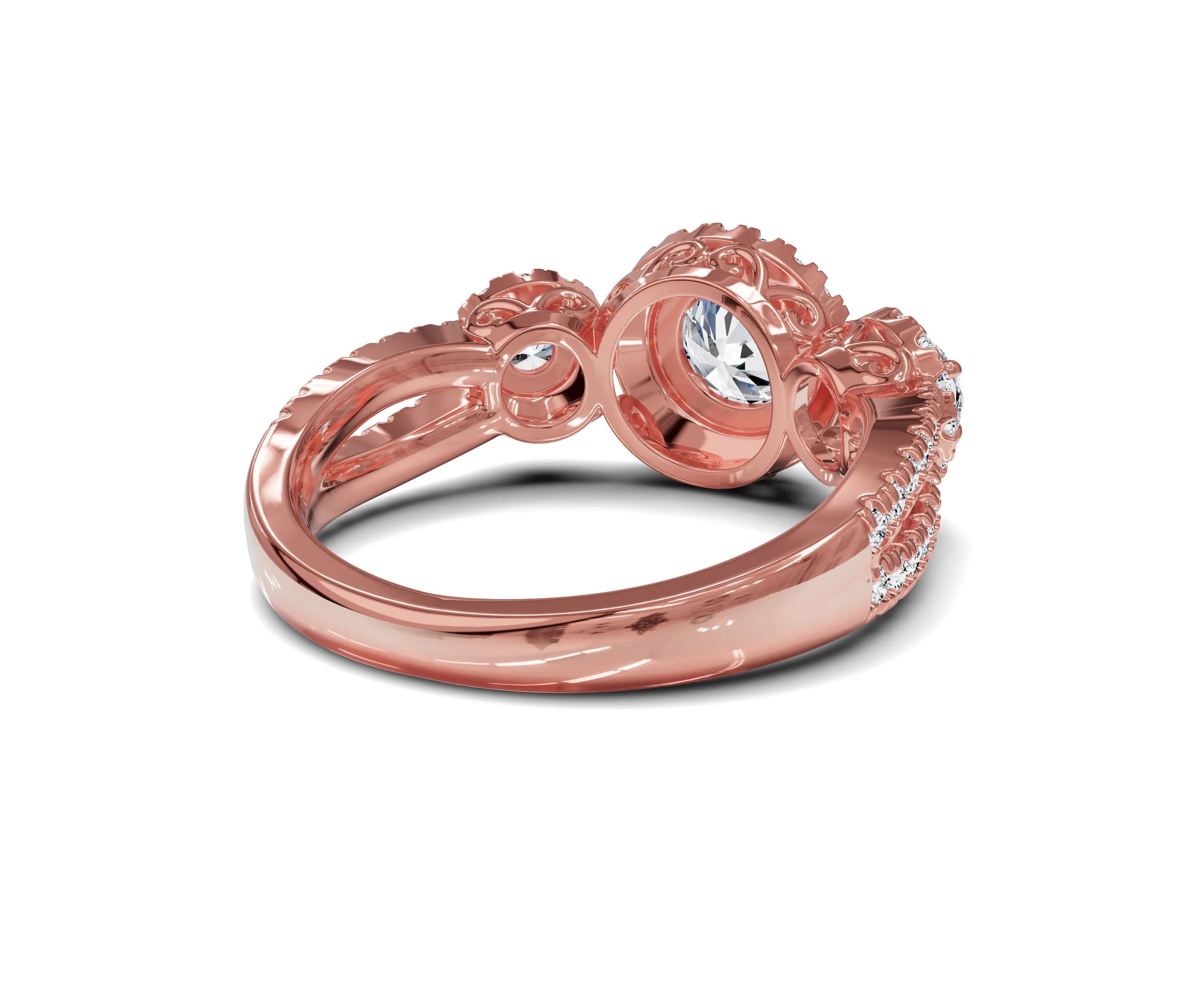 Halo Three Stone Engagement Ring with Round Brilliant Diamonds - Chicory Jewel