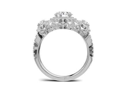 Halo Three Stone Engagement Ring with Round Brilliant Diamonds - Chicory Jewel