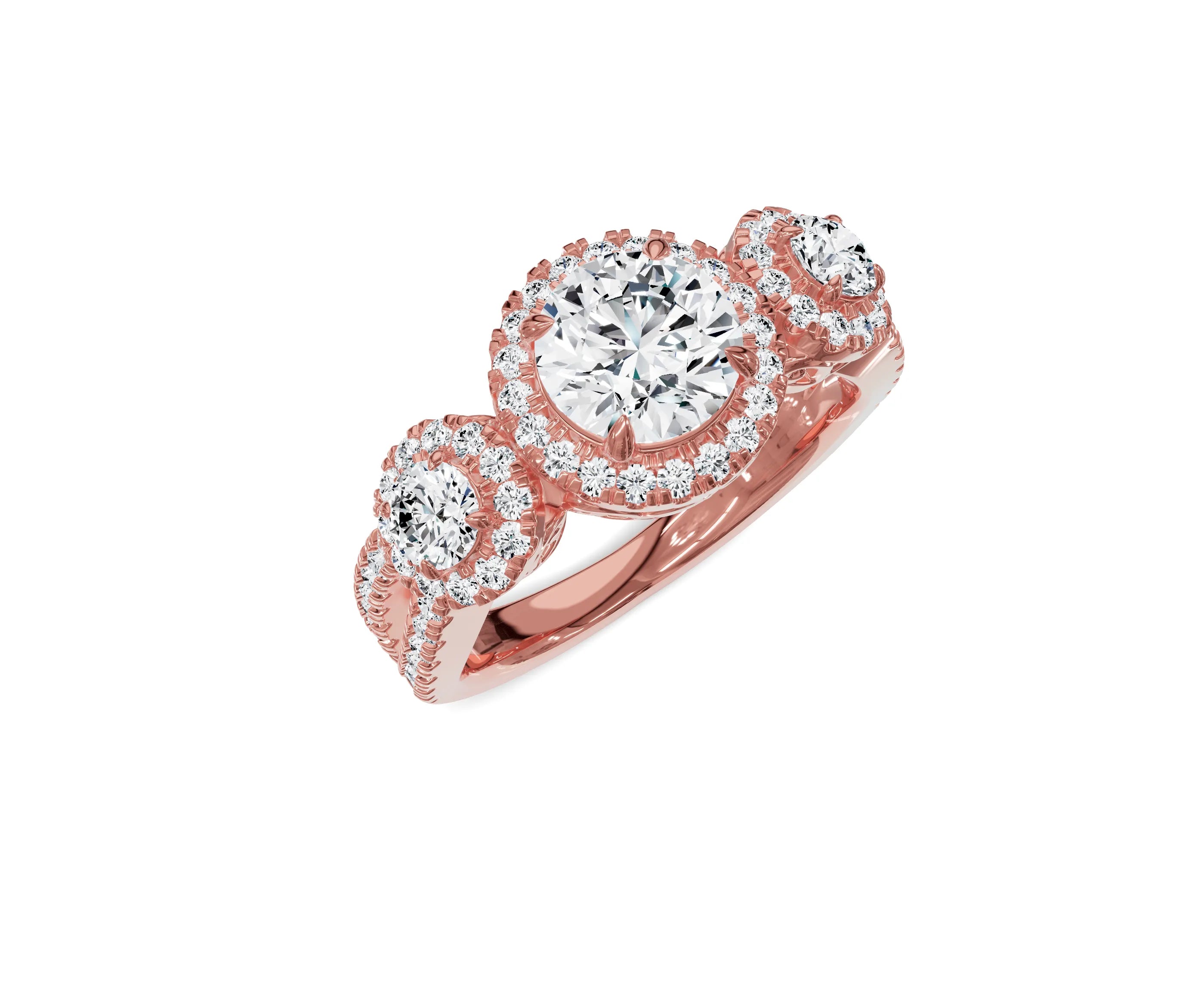 Halo Three Stone Engagement Ring with Round Brilliant Diamonds - Chicory Jewel