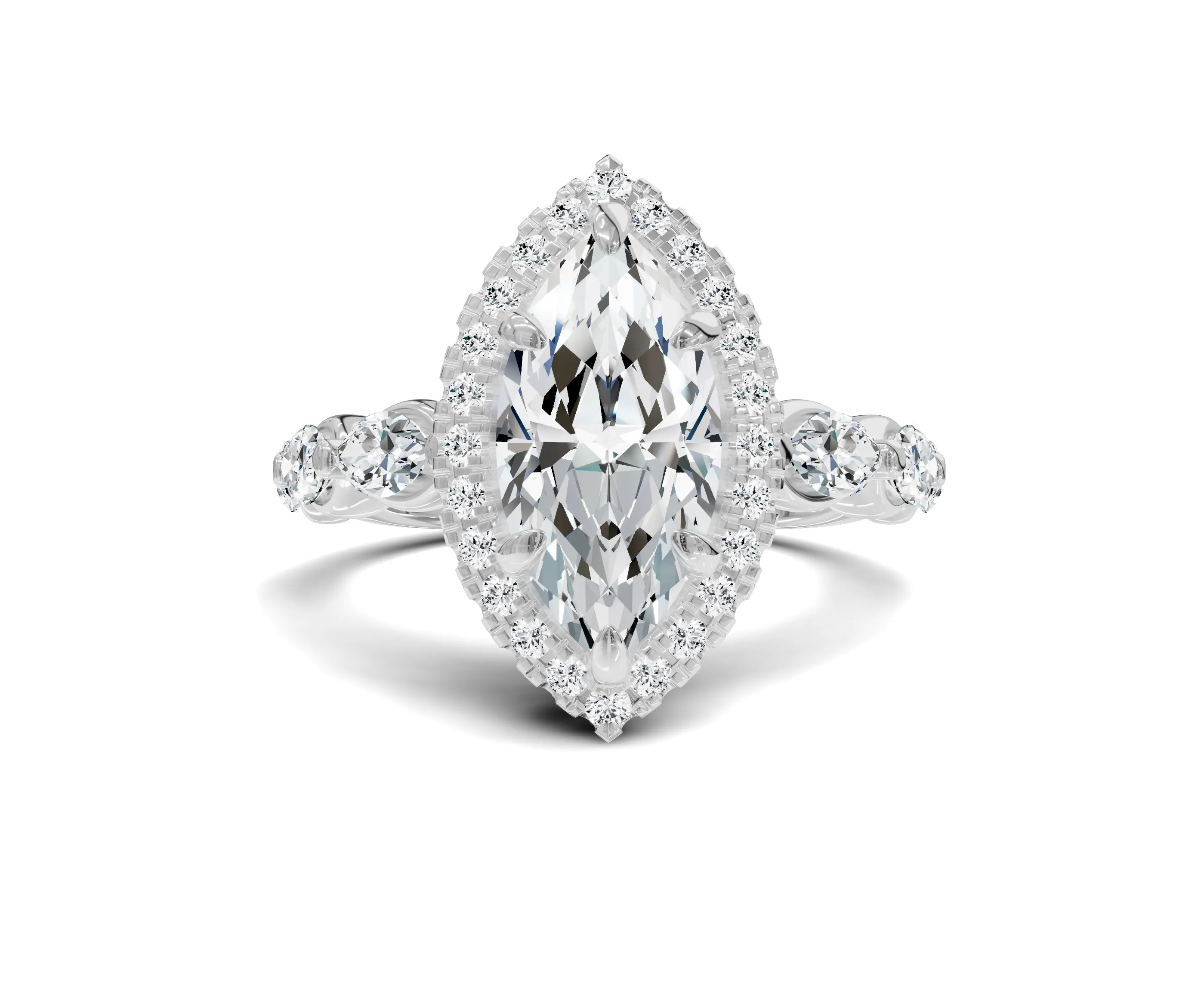 Marquise Cut Engagement Ring | Halo & Side Stones