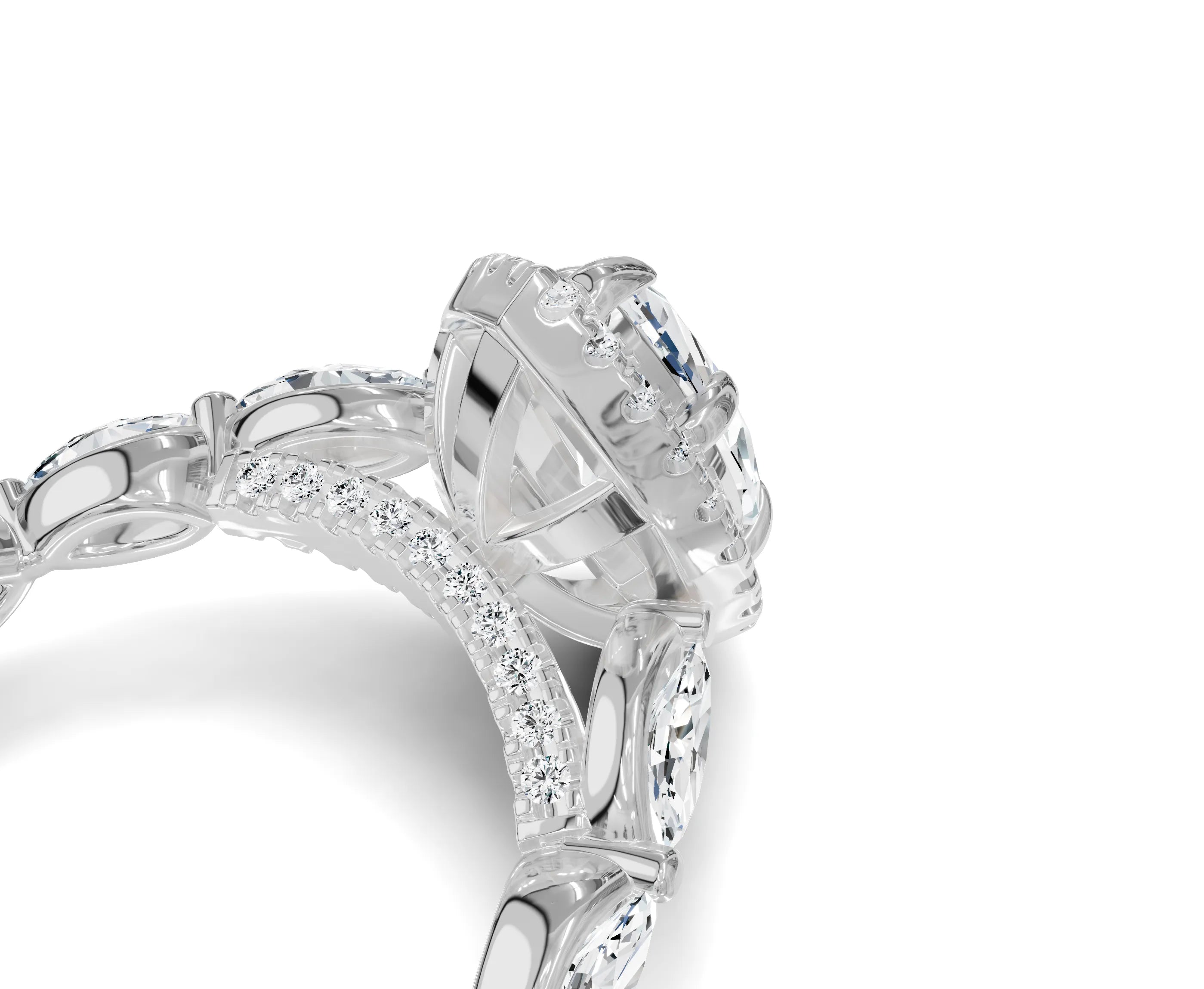 Marquise Cut Engagement Ring | Halo & Side Stones