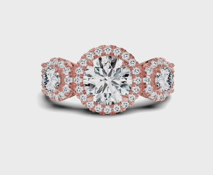 Halo Three Stone Engagement Ring with Round Brilliant Diamonds